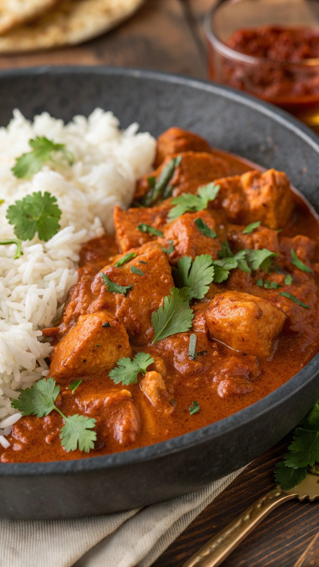 A bowl of chicken tikka masala served with rice and garnished with cilantro.