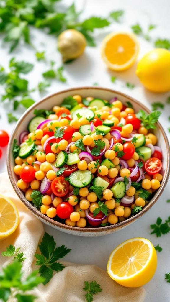 A colorful chickpea salad with cherry tomatoes, cucumbers, and parsley, garnished with lemon slices.