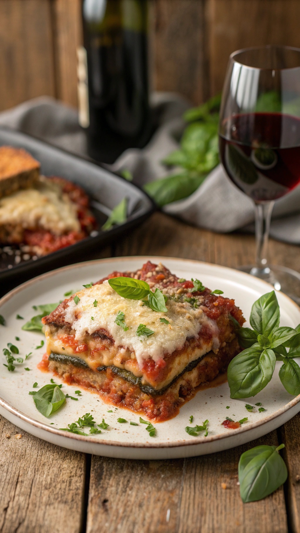 A serving of Eggplant Parmesan on a plate with fresh basil and a glass of red wine in the background.