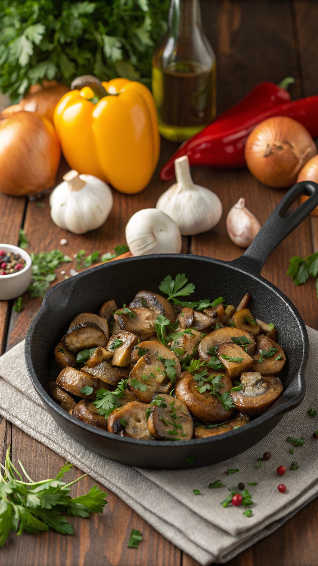 A skillet filled with sautéed garlic butter mushrooms, garnished with parsley, surrounded by fresh vegetables.