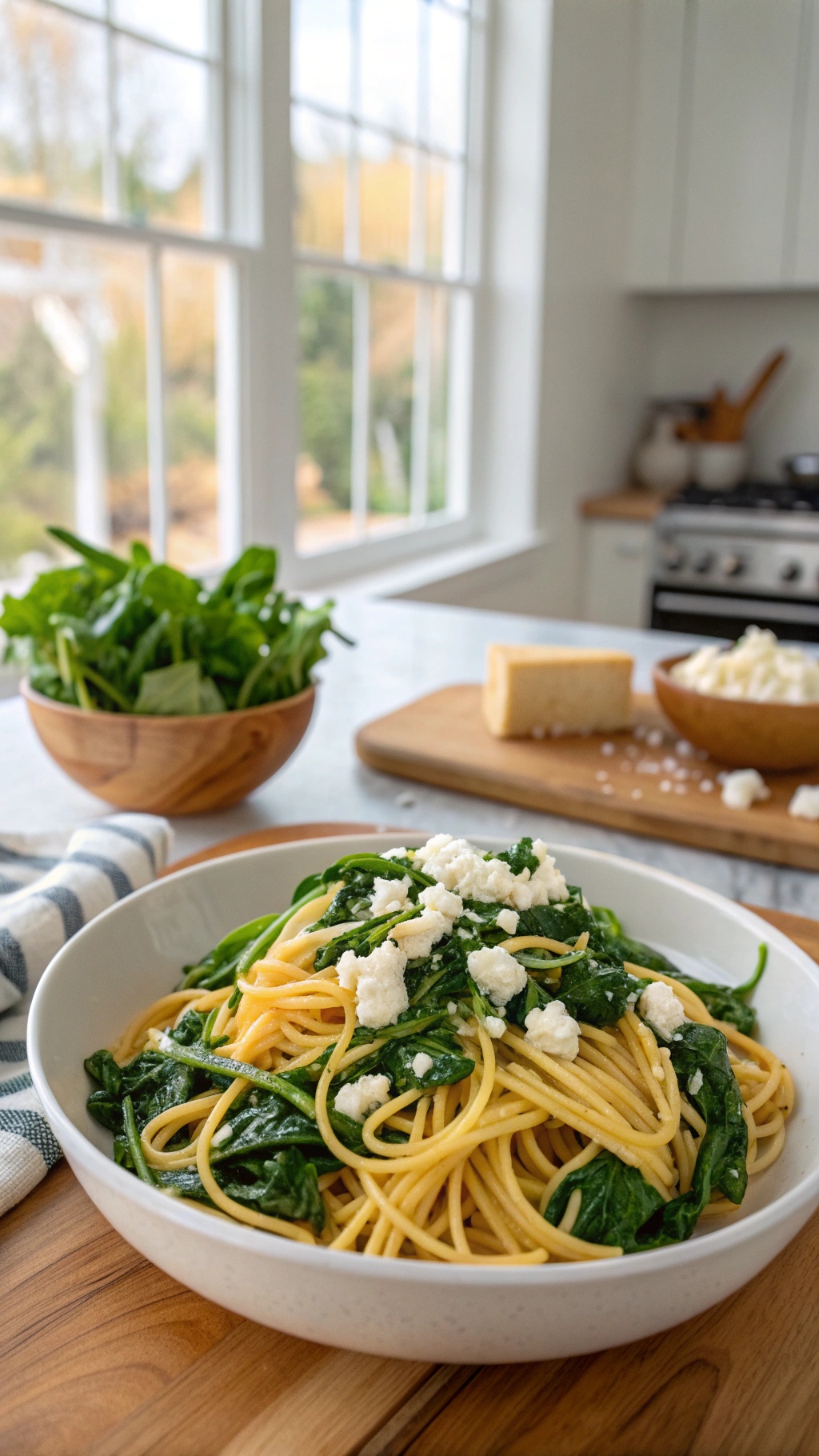 A bowl of gluten-free spaghetti with spinach and feta cheese, garnished and ready to serve.