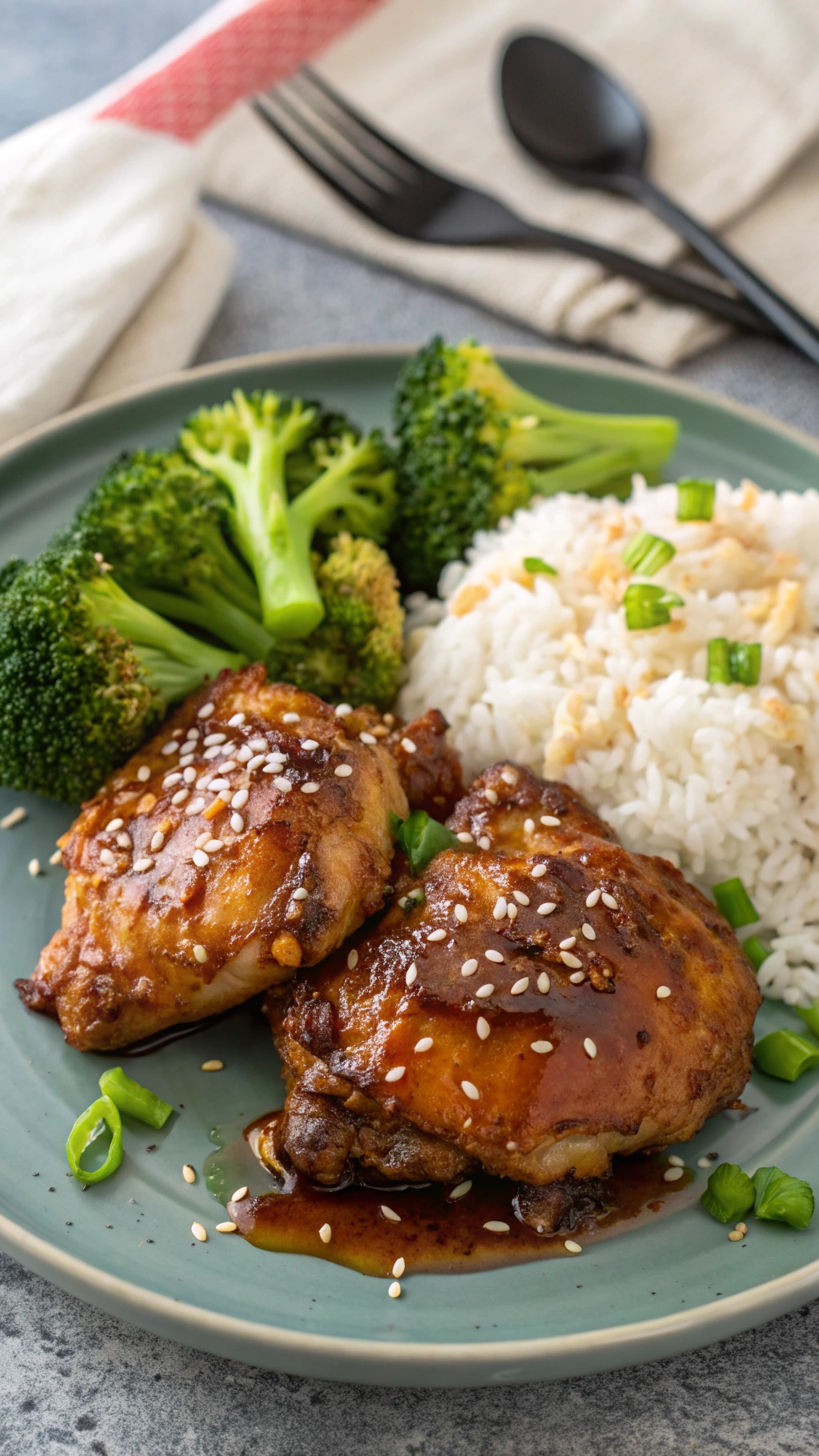 A plate of honey garlic chicken thighs served with broccoli and rice, garnished with sesame seeds and green onions.