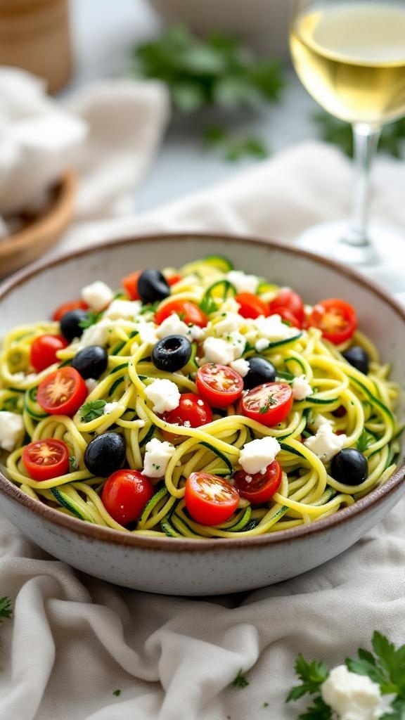 A bowl of Mediterranean zucchini noodles topped with cherry tomatoes, black olives, and feta cheese.