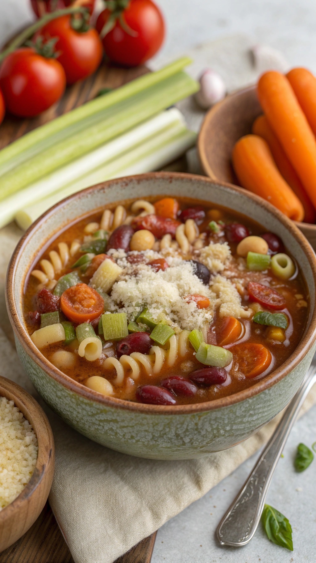 A bowl of minestrone soup filled with vegetables and pasta, garnished with cheese, surrounded by fresh ingredients.