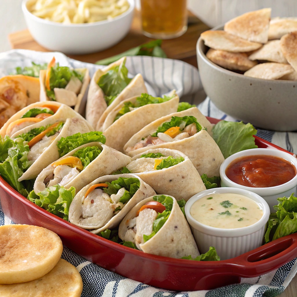 Mini pita pockets filled with deli meats, cheese, and veggies, served with dipping sauces.