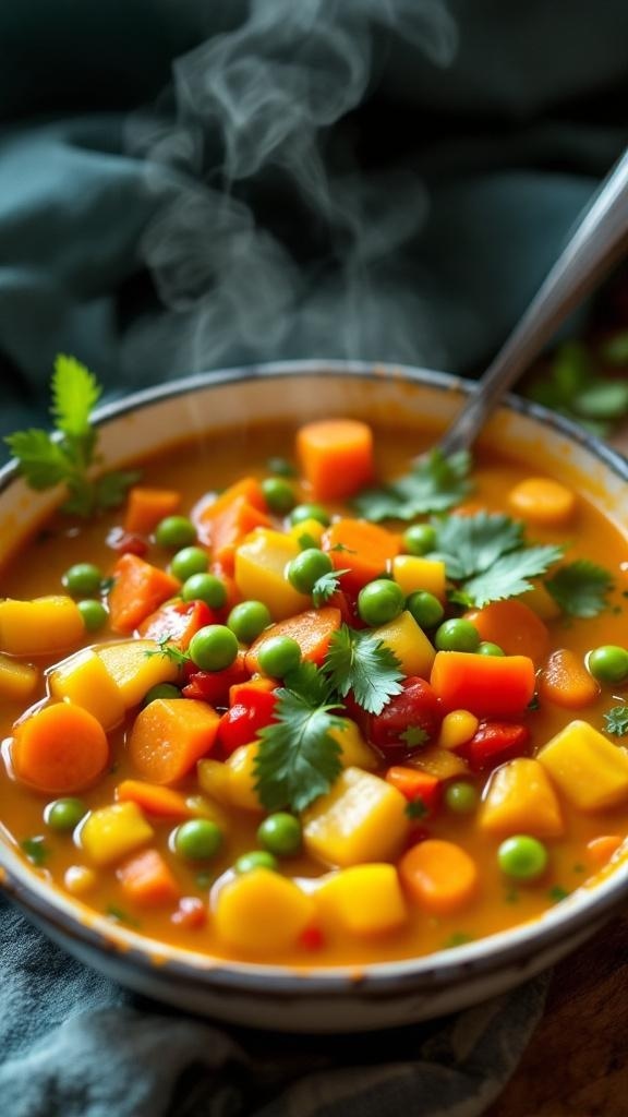 A steaming bowl of colorful vegan curry with carrots, potatoes, and peas, garnished with cilantro.