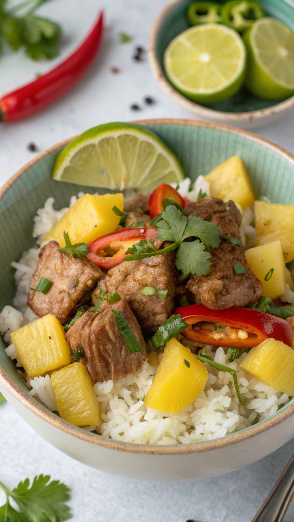 A colorful bowl of pork and pineapple served over rice, garnished with cilantro and chili slices.