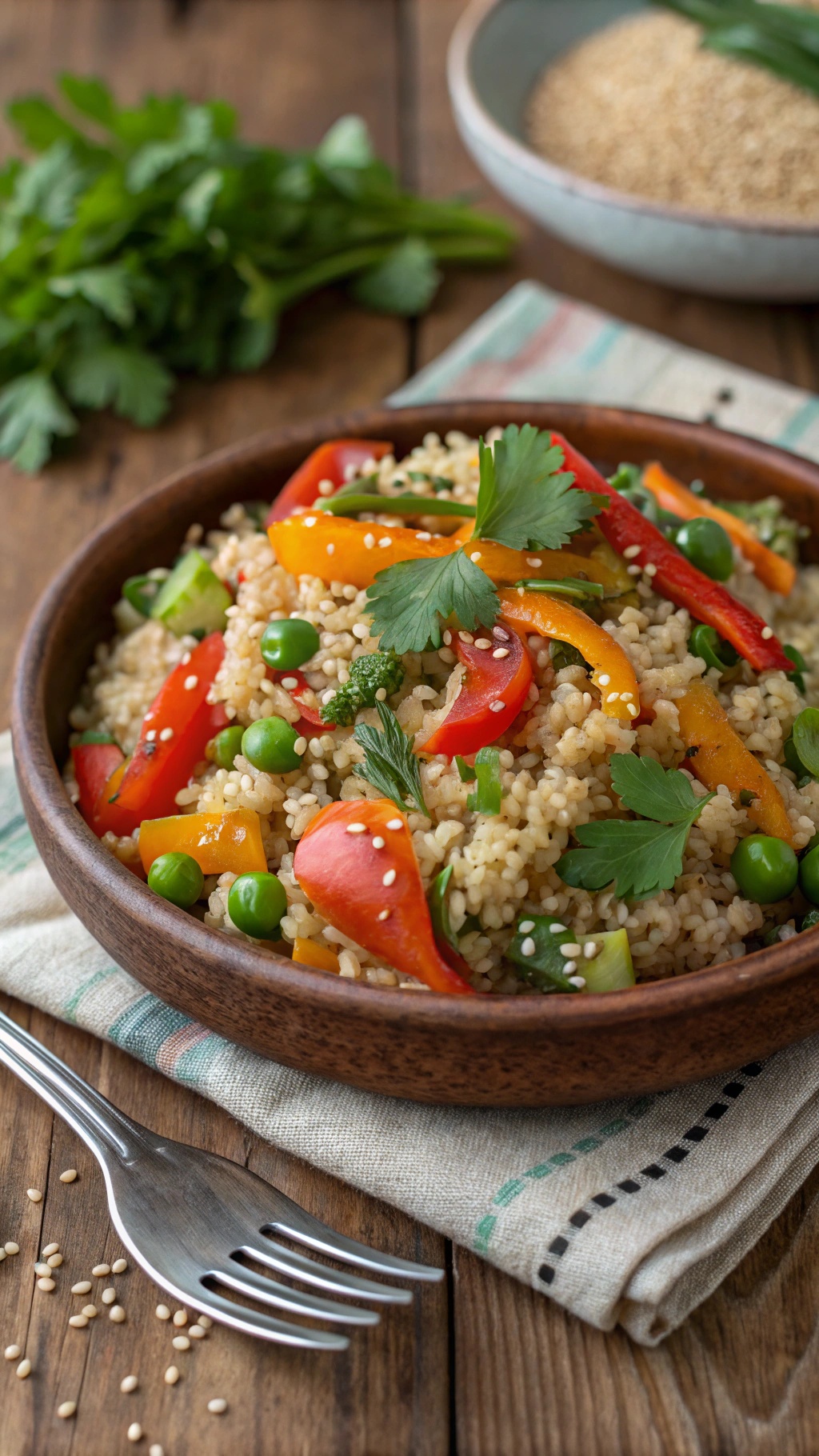 A bowl of quinoa and brown rice pilaf with colorful vegetables and herbs.