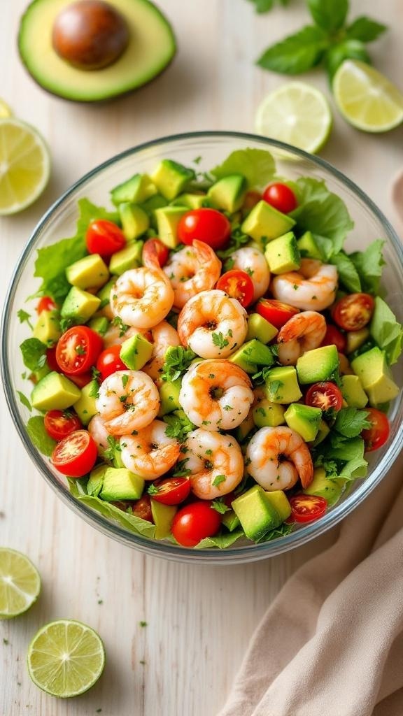 A vibrant shrimp and avocado salad with cherry tomatoes and greens, served in a glass bowl.
