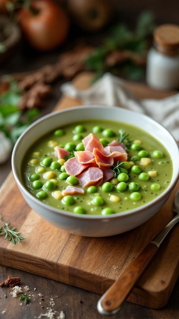 Bowl of split pea and ham soup garnished with green peas and ham slices, placed on a wooden board.