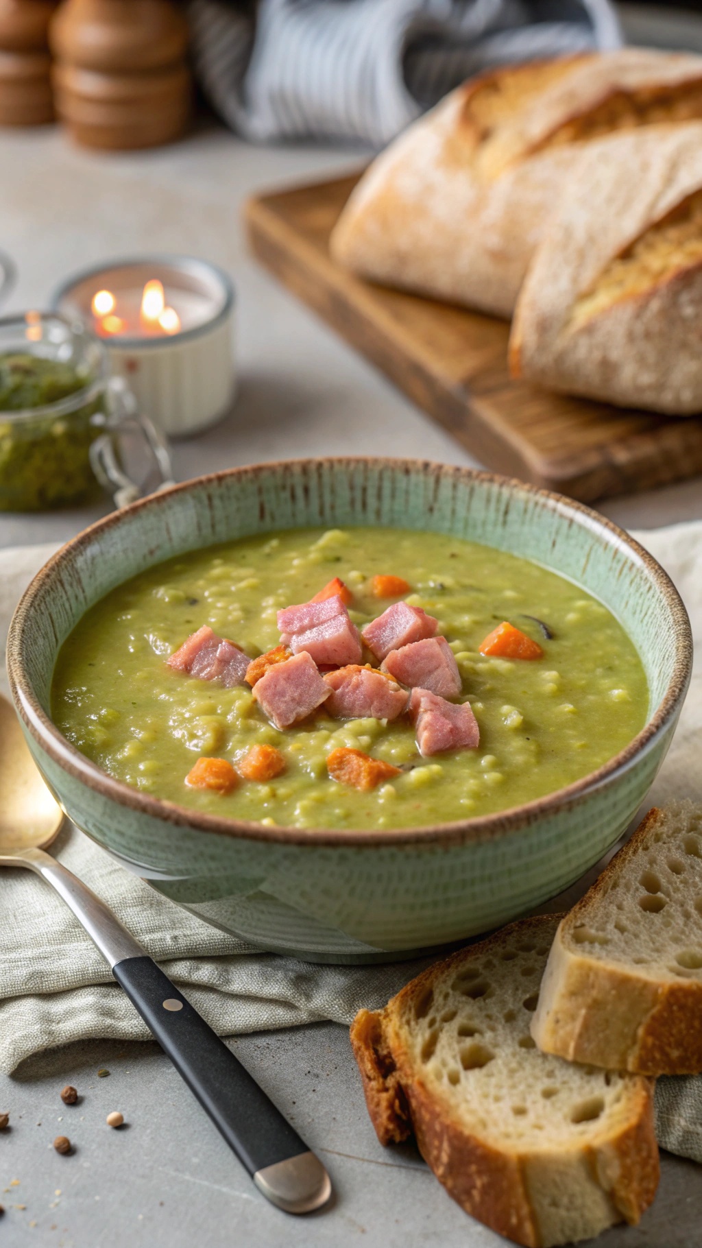 A bowl of split pea soup with ham, garnished with diced carrots, served with slices of bread.