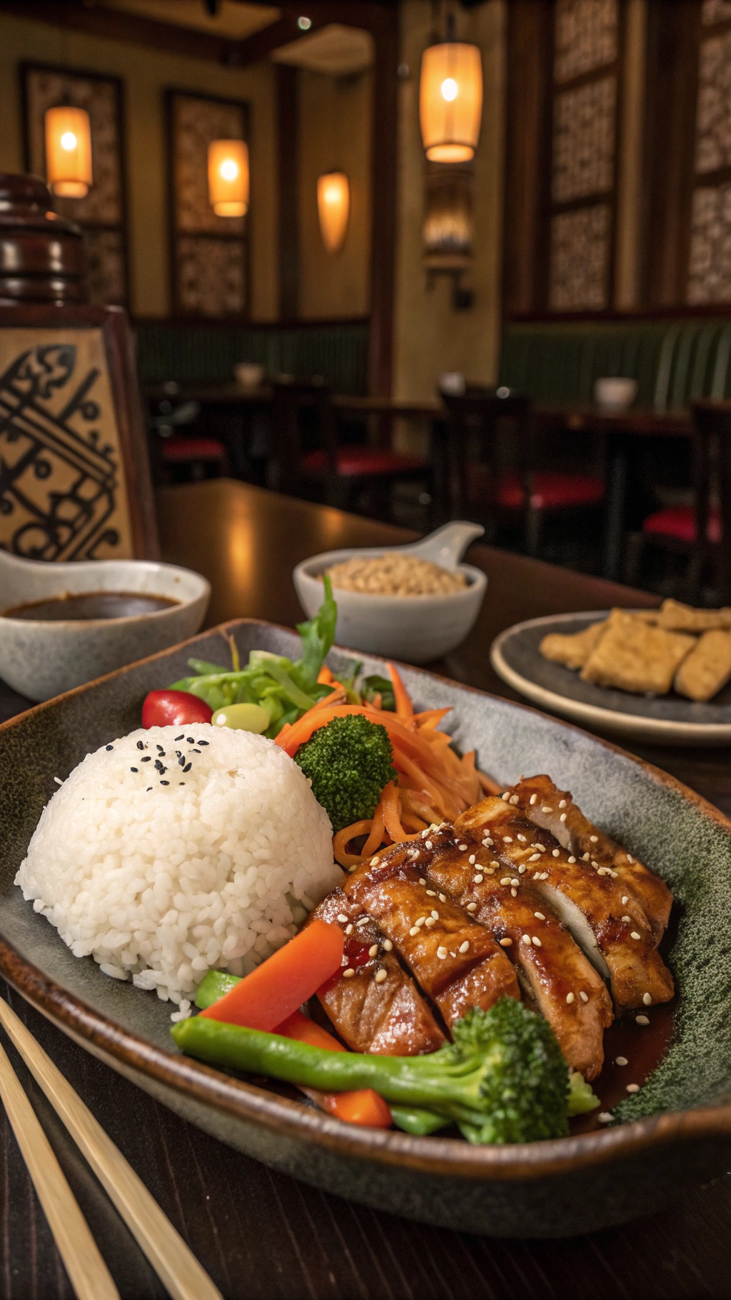 A plate of teriyaki chicken with rice and steamed vegetables