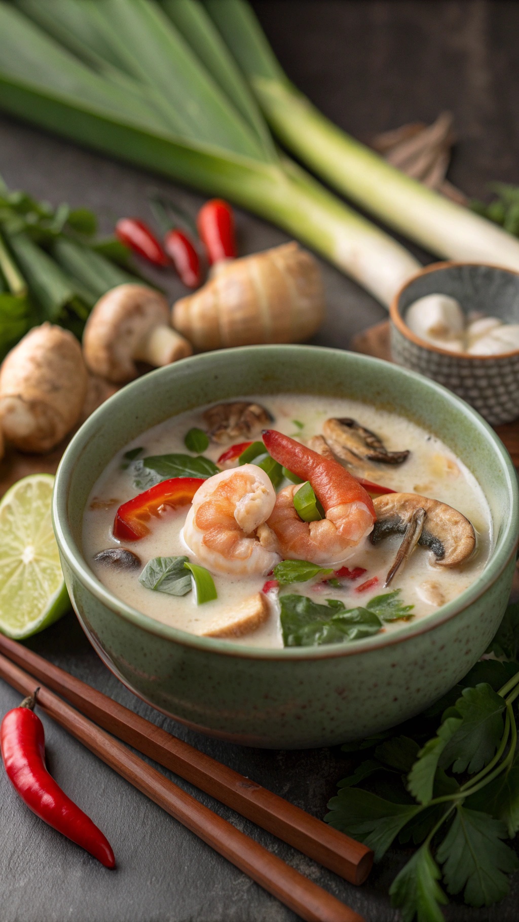 A bowl of Thai detox soup with shrimp, mushrooms, and fresh herbs, surrounded by ingredients like chili peppers and lime.