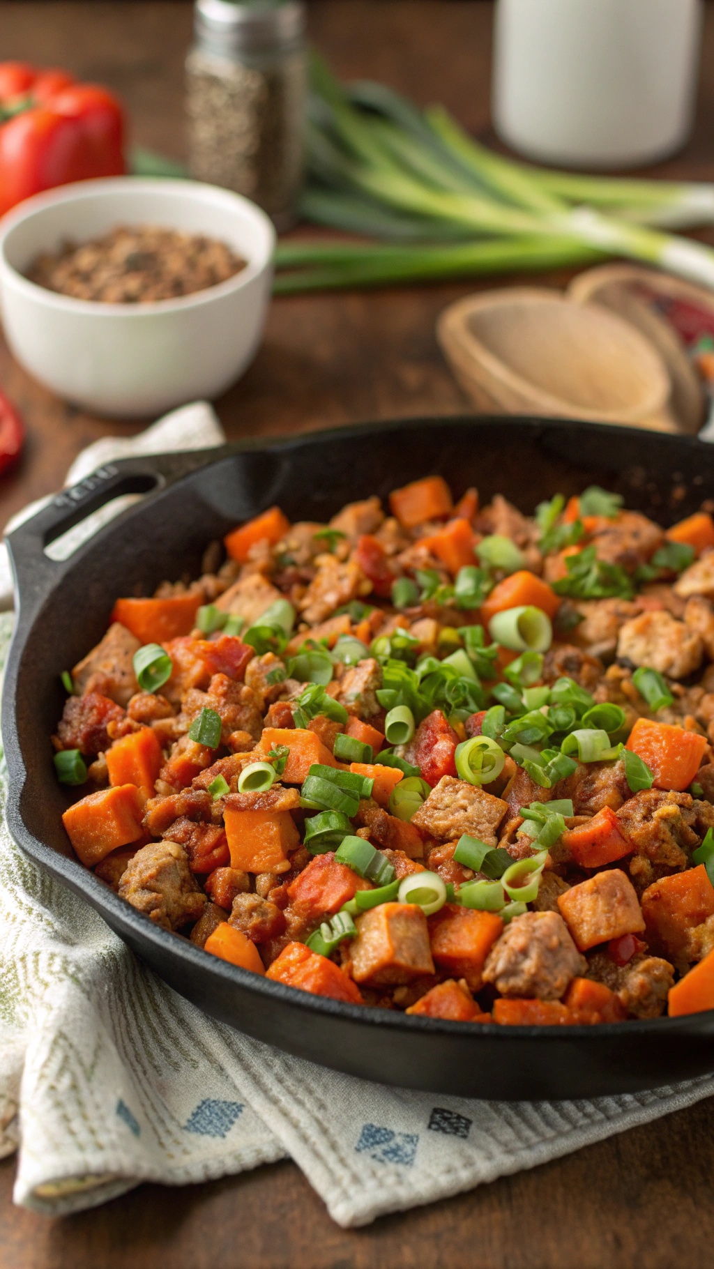 A skillet filled with turkey and sweet potatoes, garnished with green onions.