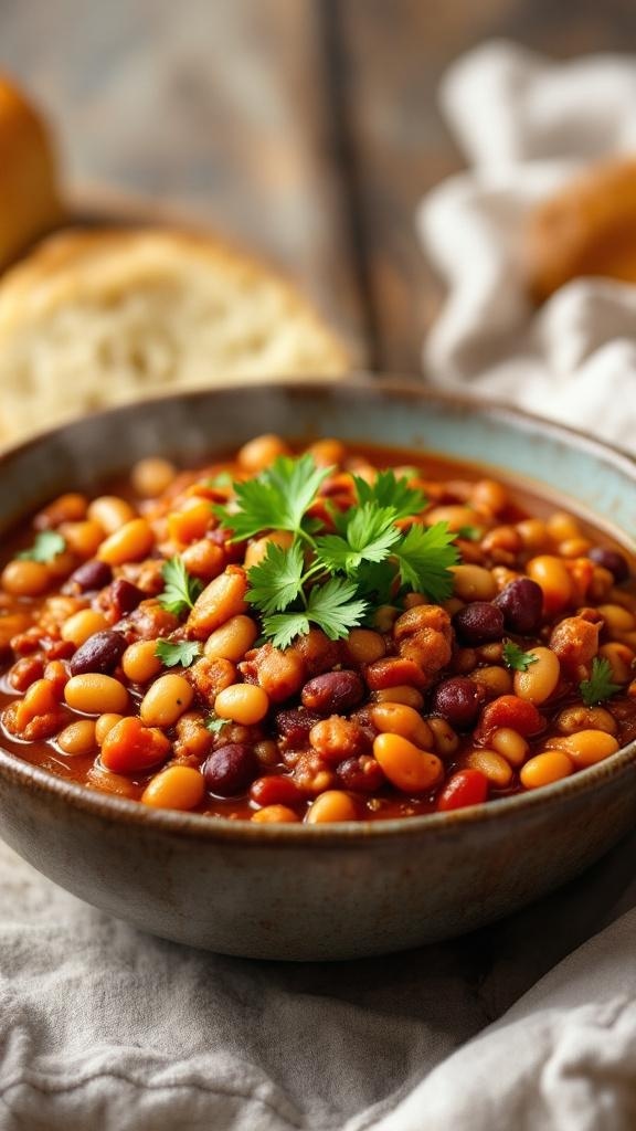 A bowl of turkey chili topped with cilantro, showcasing beans and tomatoes in a cozy setting.