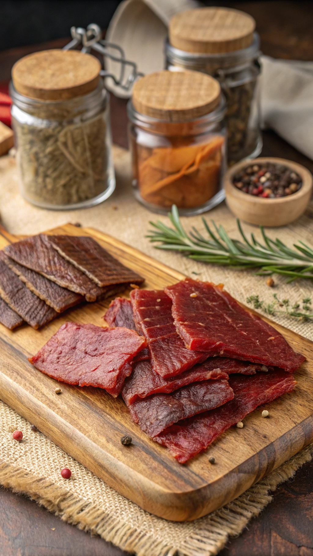 Slices of turkey jerky on a wooden board with jars of spices in the background