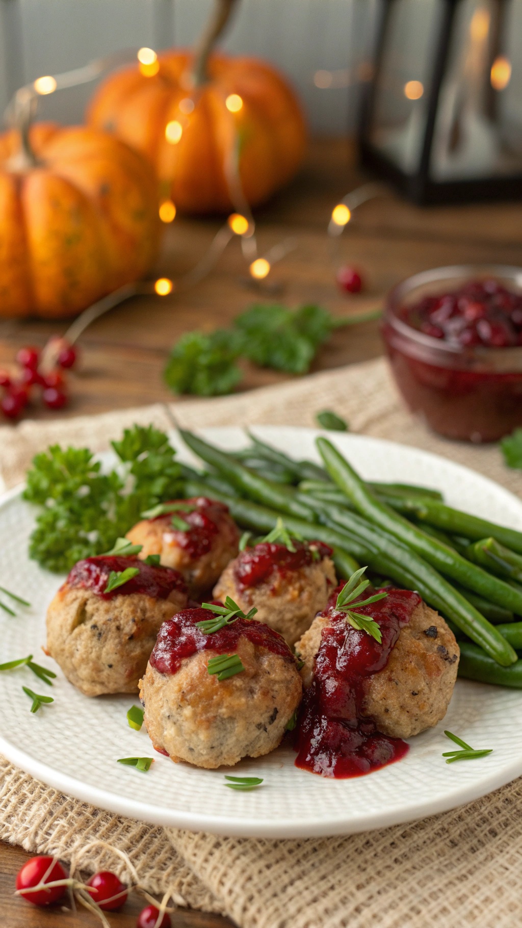Plate of turkey meatballs with cranberry sauce and green beans, with pumpkins in the background.