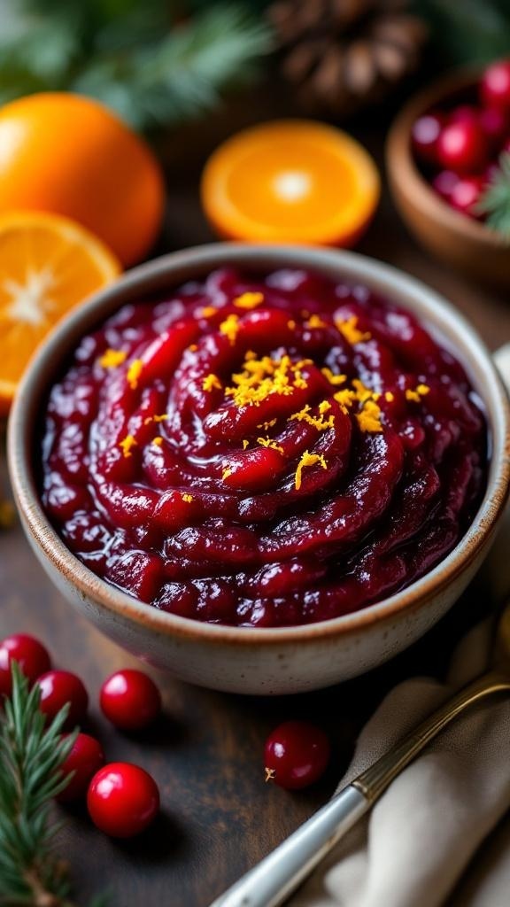 A bowl of vibrant cranberry sauce garnished with orange zest, surrounded by fresh cranberries and oranges.