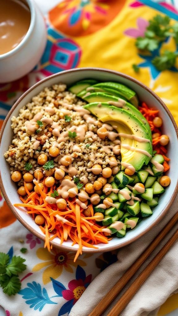 A colorful vegan Buddha bowl with quinoa, chickpeas, avocado, cucumber, and carrots, drizzled with sauce.