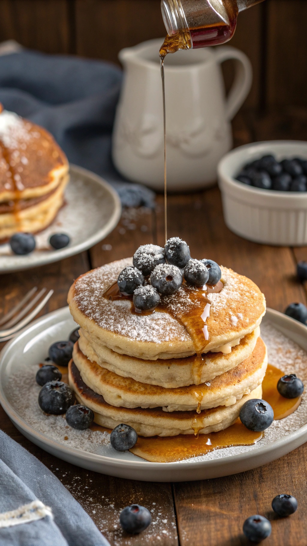 A stack of fluffy vegan pancakes topped with blueberries and syrup on a wooden table.