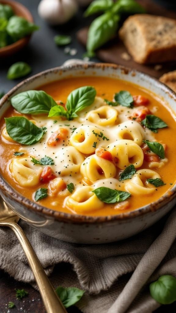 A bowl of Four-Cheese Tortellini Soup garnished with fresh basil leaves.