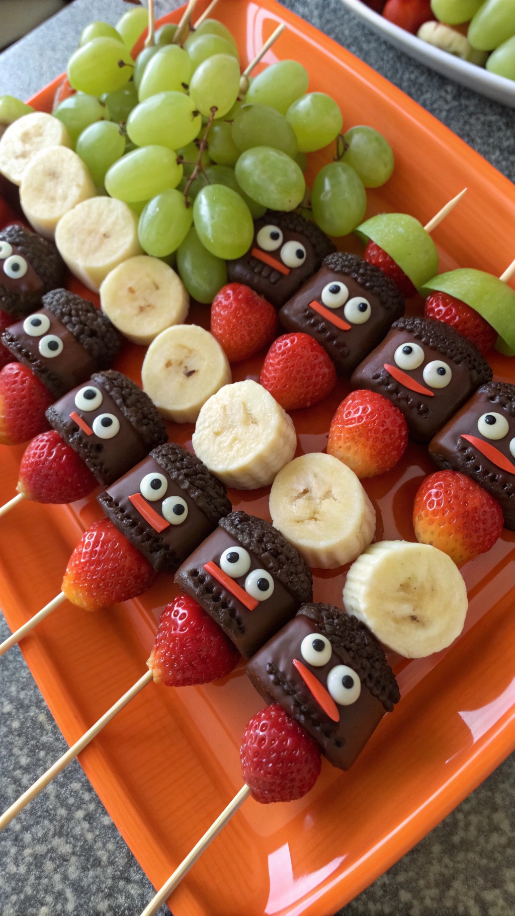 Colorful Frankenstein fruit kabobs with strawberries, bananas, grapes, and chocolate-covered treats on a platter.