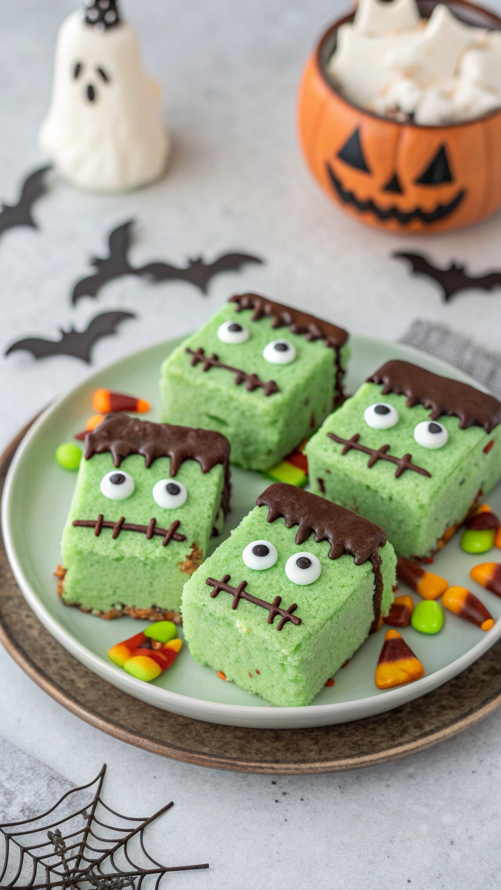 A plate of Frankenstein marshmallow treats decorated with candy eyes and chocolate icing, surrounded by Halloween-themed decorations.