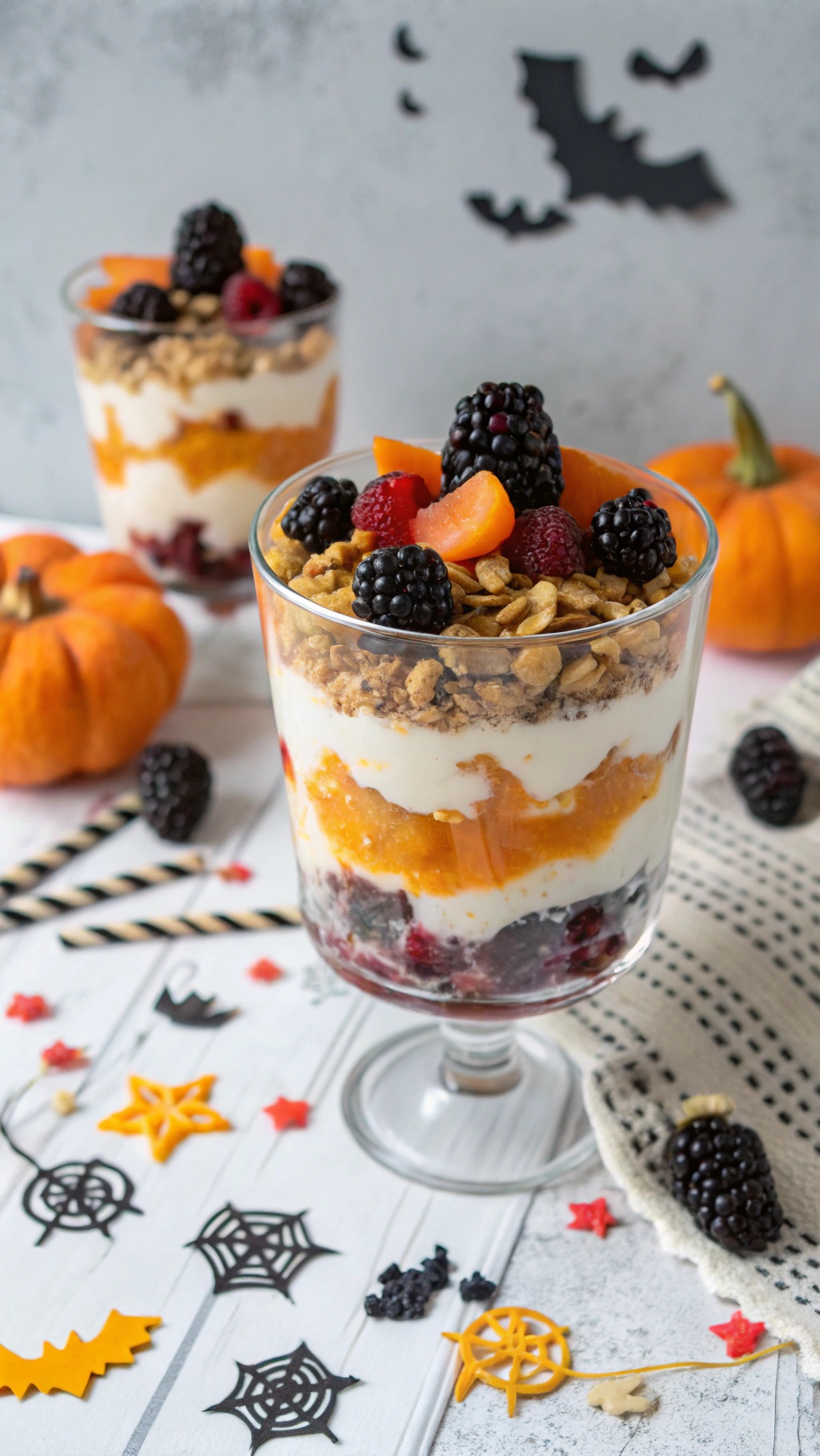 Freaky fruit and yogurt parfaits in clear glasses, decorated for Halloween with berries and granola.