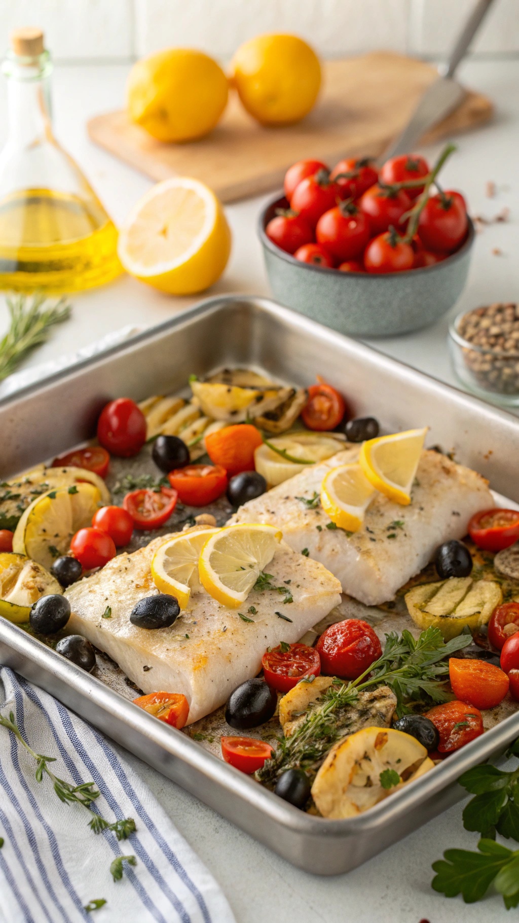 Mediterranean Baked Cod with colorful veggies on a sheet pan