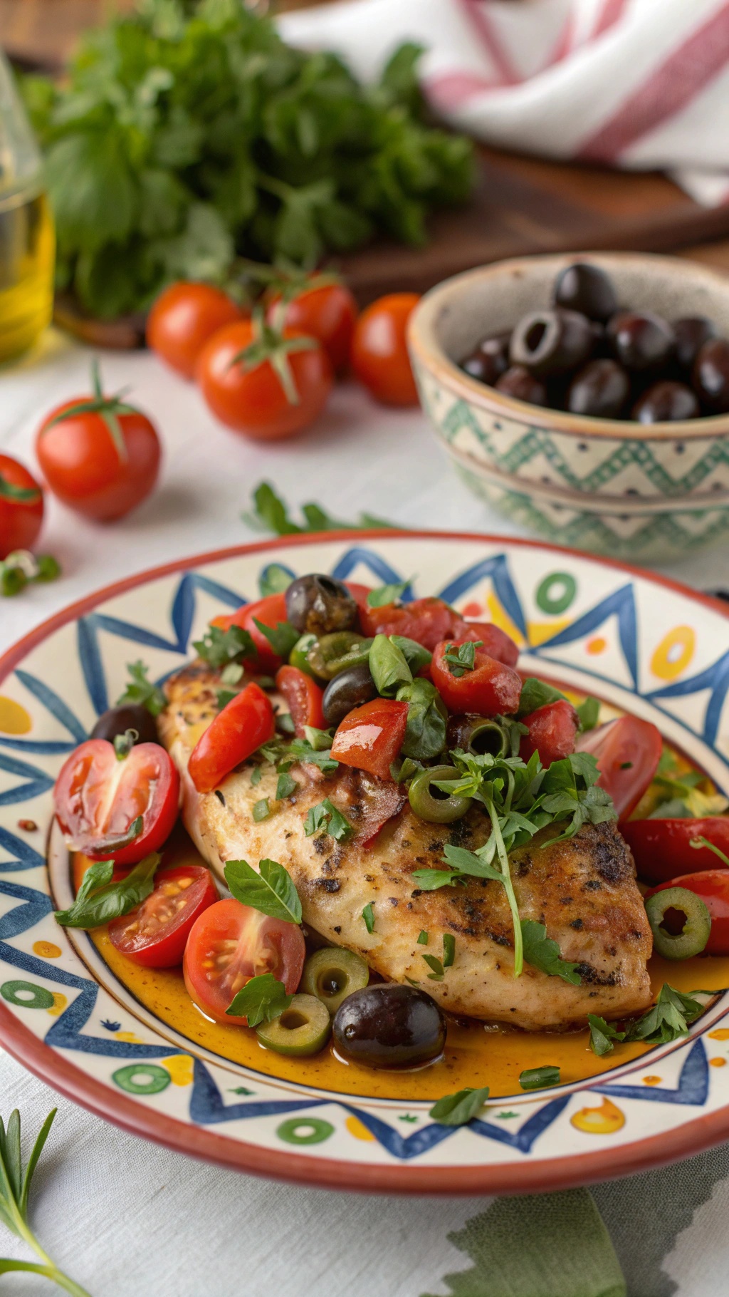 A plate of Mediterranean chicken with olives, topped with fresh tomatoes and herbs.