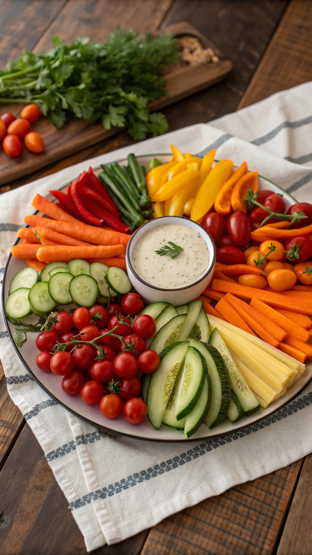 A colorful vegetable platter featuring cherry tomatoes, cucumber slices, carrot sticks, bell pepper strips, and a creamy dip.