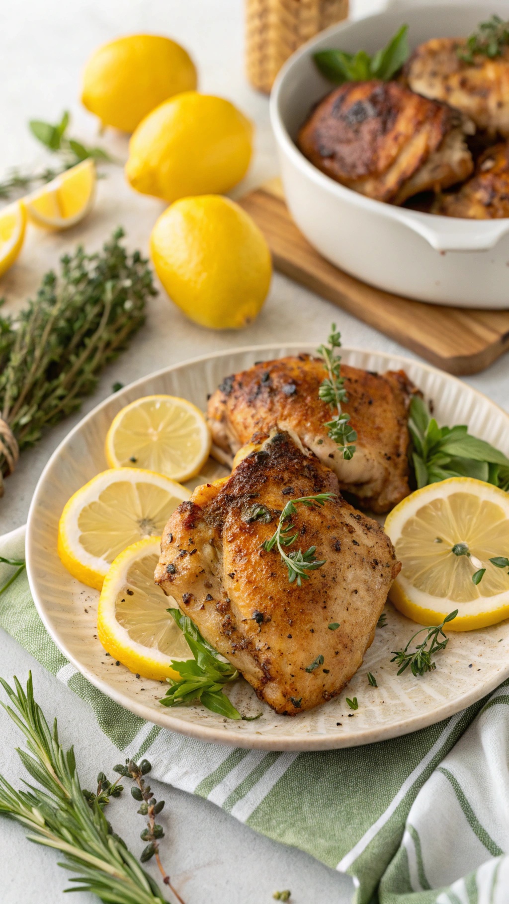Fresh and tangy lemon herb chicken thighs garnished with herbs and lemon slices