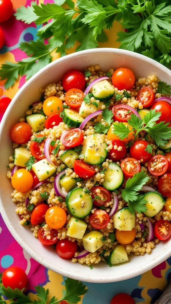 A colorful quinoa salad with cherry tomatoes, cucumbers, and parsley in a bowl.