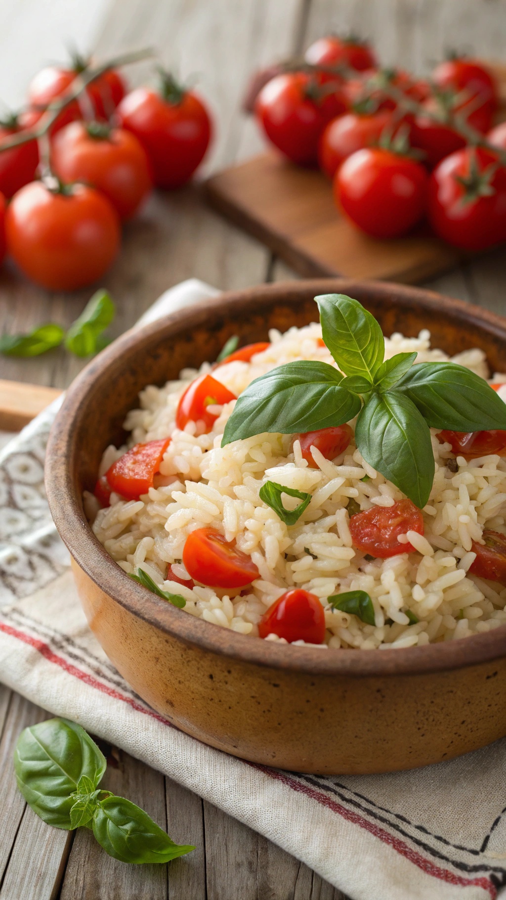 A bowl of fresh basil and tomato rice with cherry tomatoes in the background.