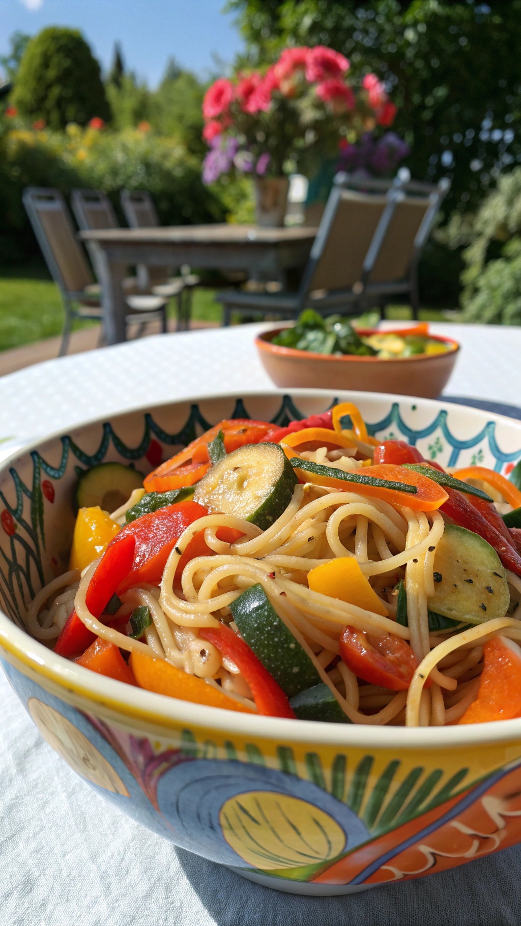 A colorful bowl of gluten-free spaghetti with fresh garden vegetables, set outdoors with a table and flowers in the background.