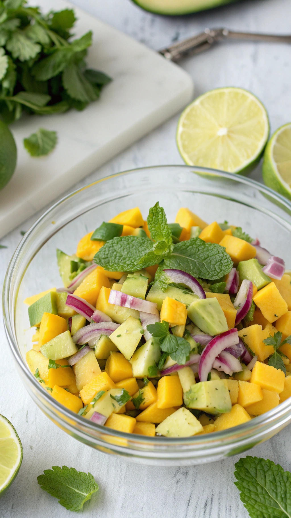 A bowl of fresh mango avocado salad with diced mango, avocado, red onion, and herbs.