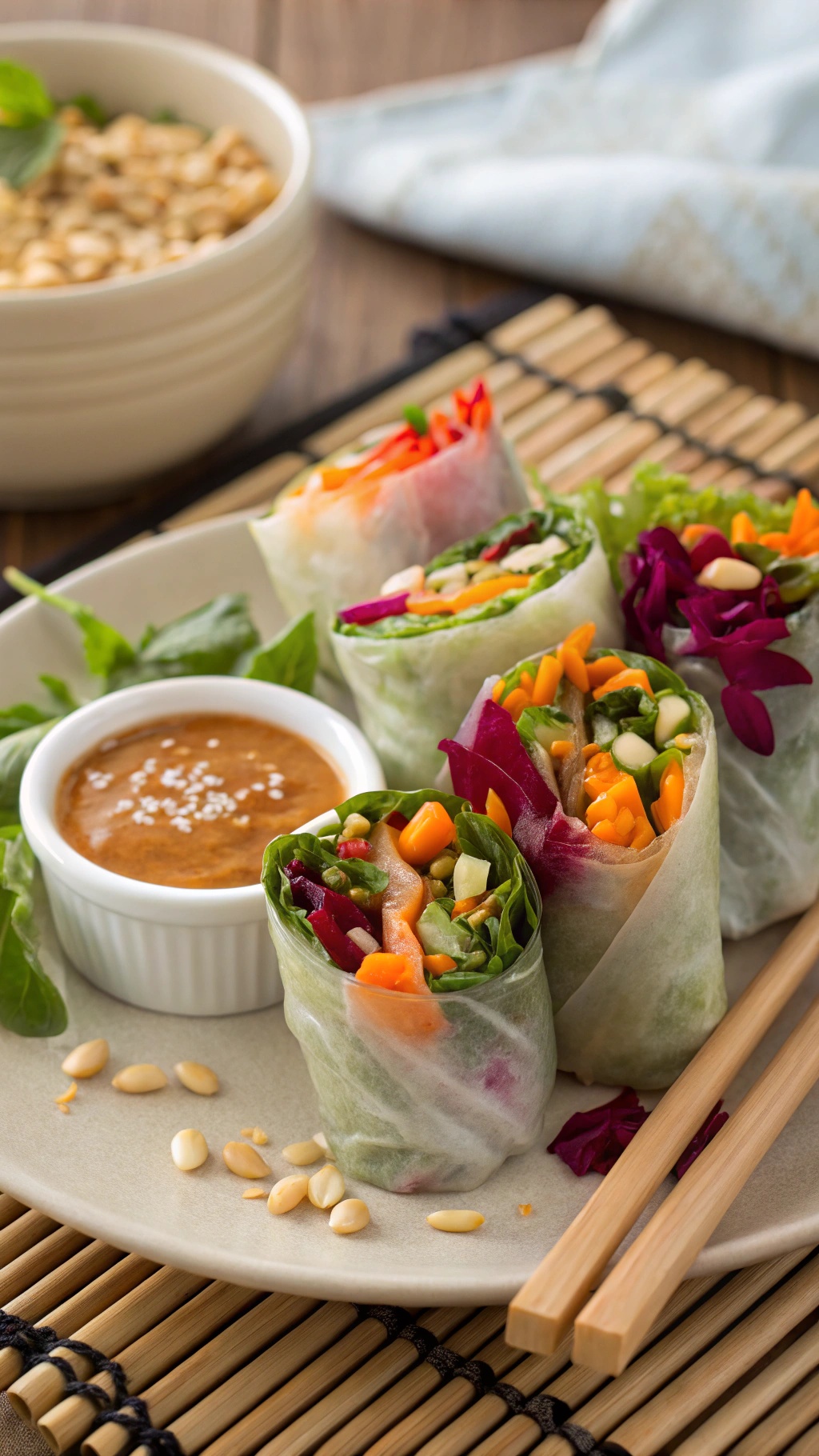 Fresh veggie spring rolls with a tangy dipping sauce on a plate