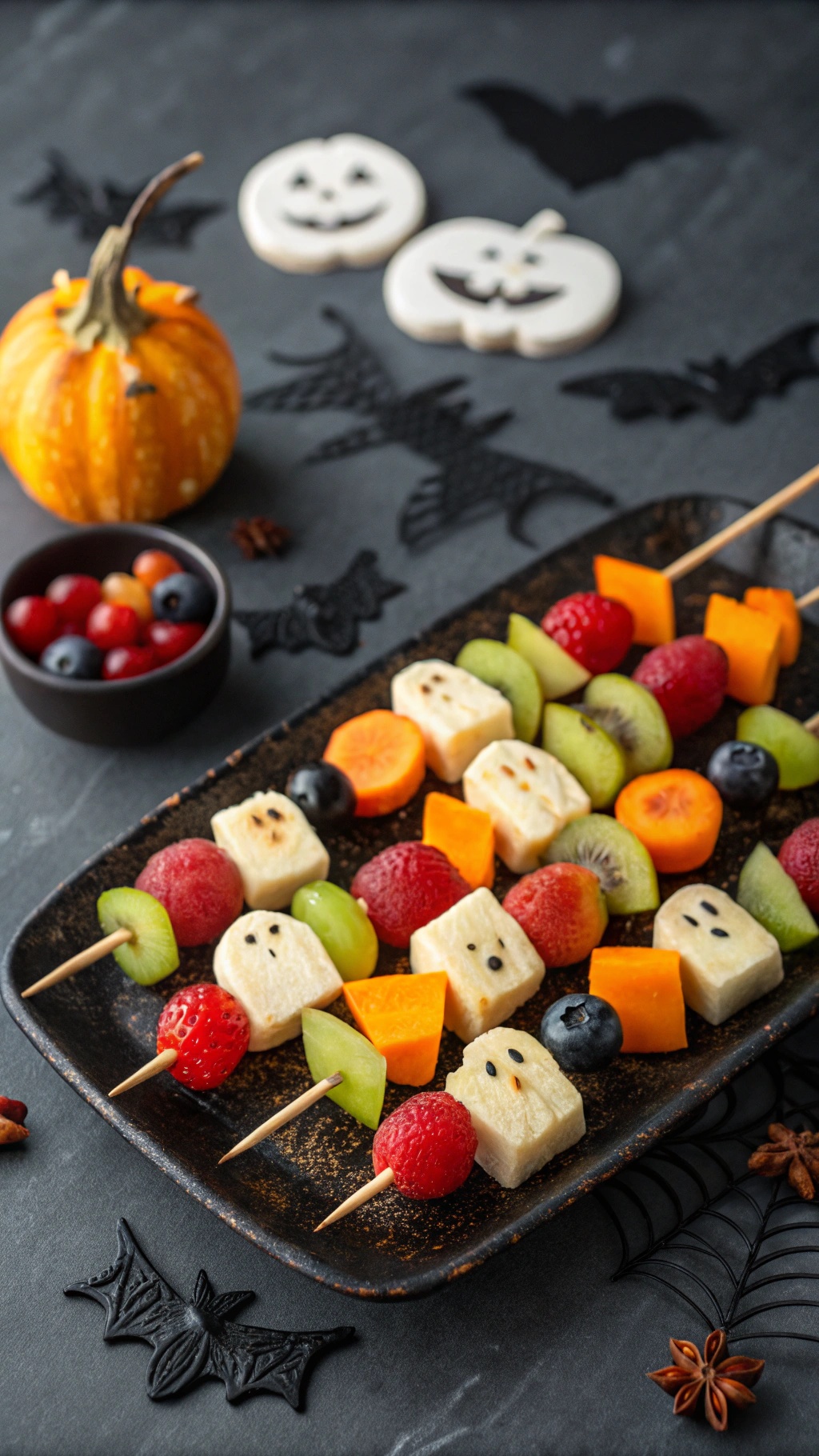 A platter of colorful fruit skewers featuring banana ghosts, watermelon, grapes, and kiwi, decorated for Halloween.