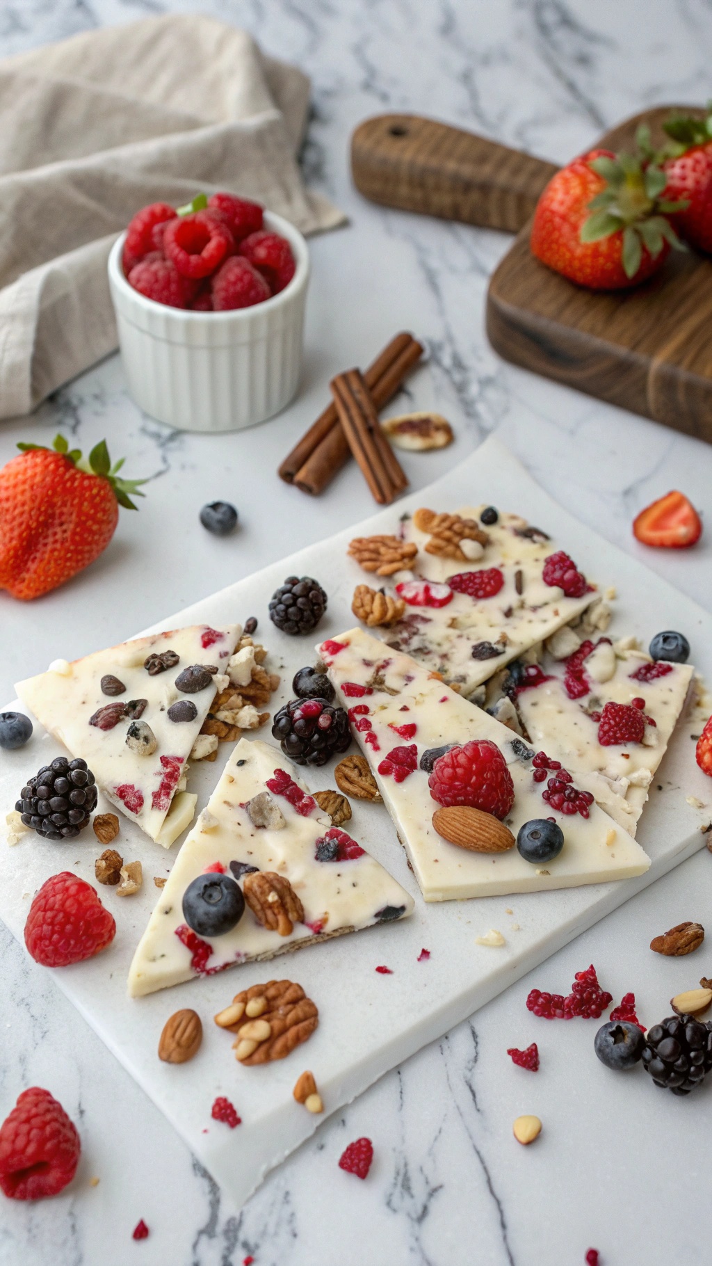Frozen yogurt bark topped with berries, nuts, and chocolate on a marble surface.