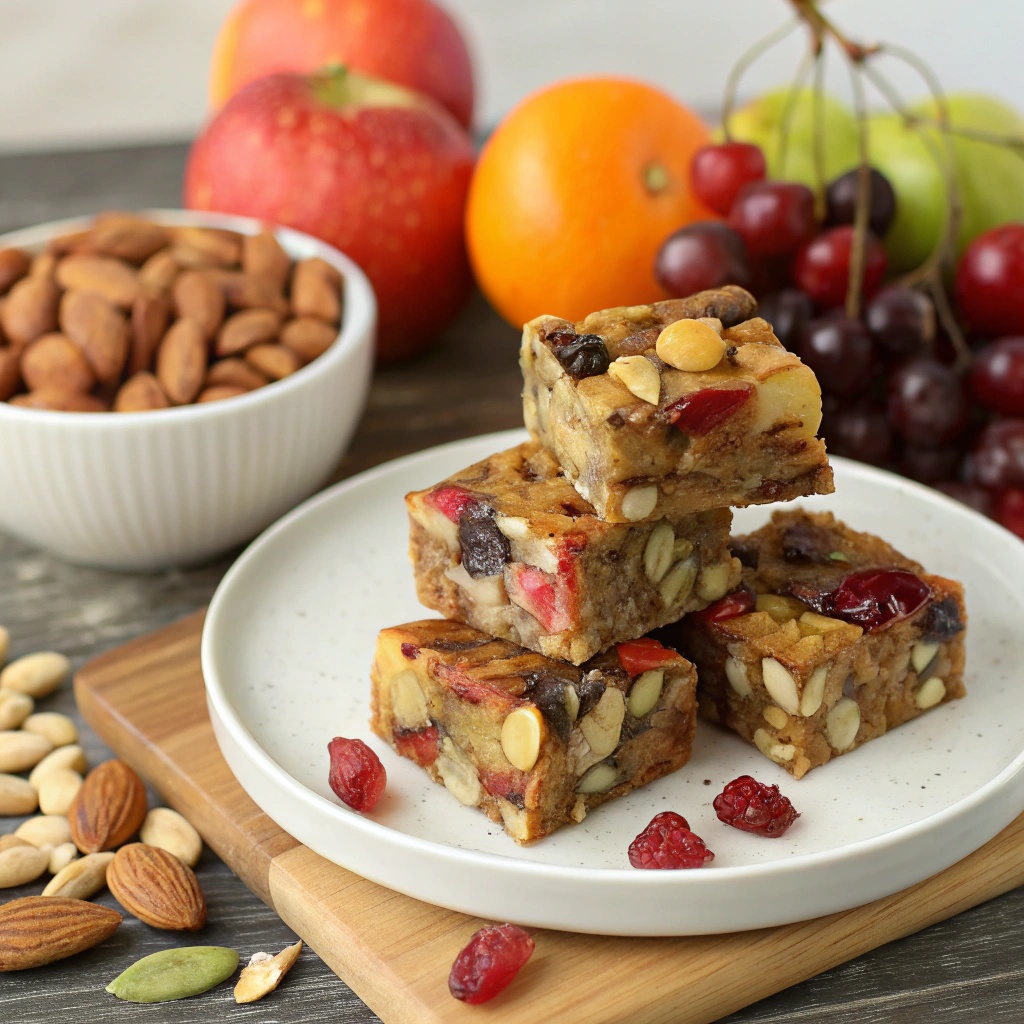 Homemade fruit and nut bars stacked on a plate with various nuts and fruits in the background.