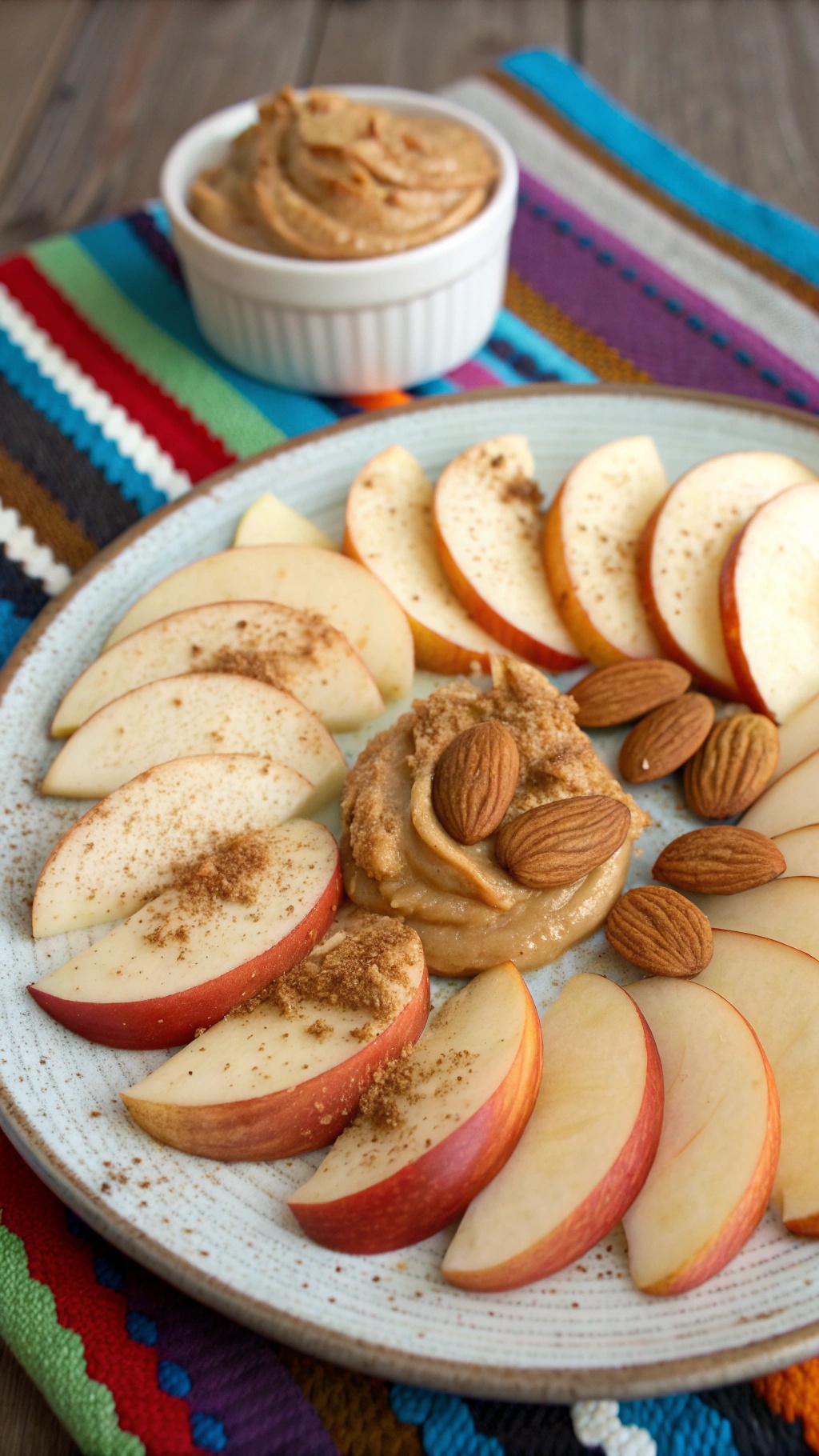 Sliced apples with nut butter and almonds on a colorful plate