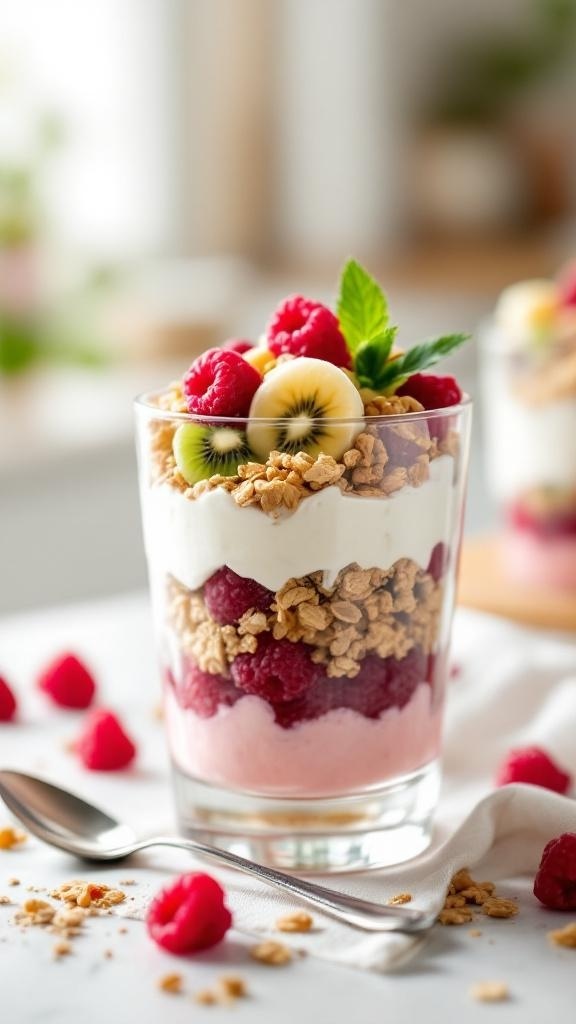A colorful cottage cheese parfait with layers of raspberries, banana, kiwi, and granola.