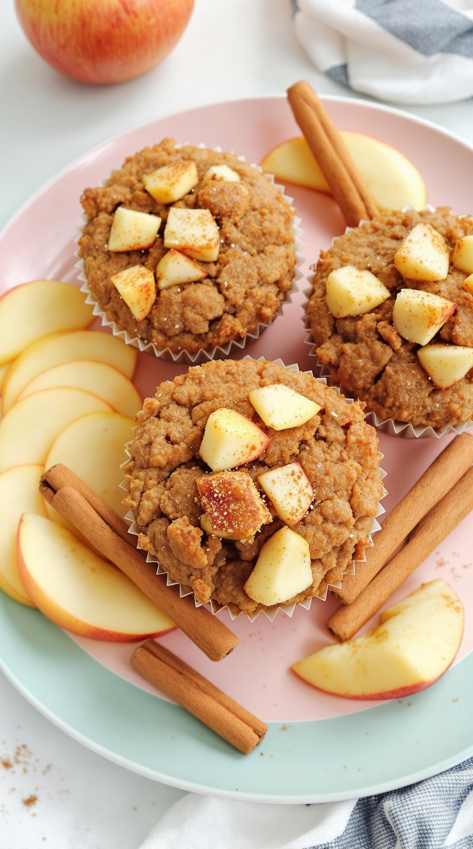 Apple cinnamon protein muffins topped with diced apples and cinnamon sticks, served on a colorful plate with apple slices.