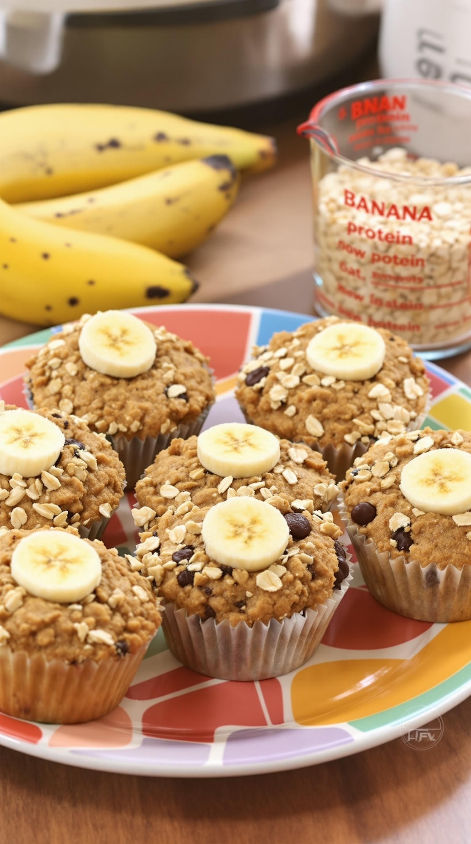 A colorful plate of banana oat protein muffins topped with banana slices and oats, with fresh bananas and oats in the background.