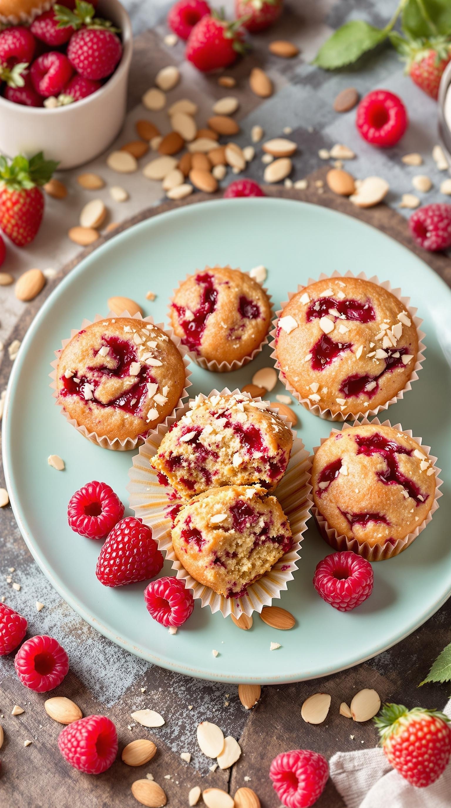 A plate of fruity raspberry almond muffins with fresh raspberries and almonds scattered around.