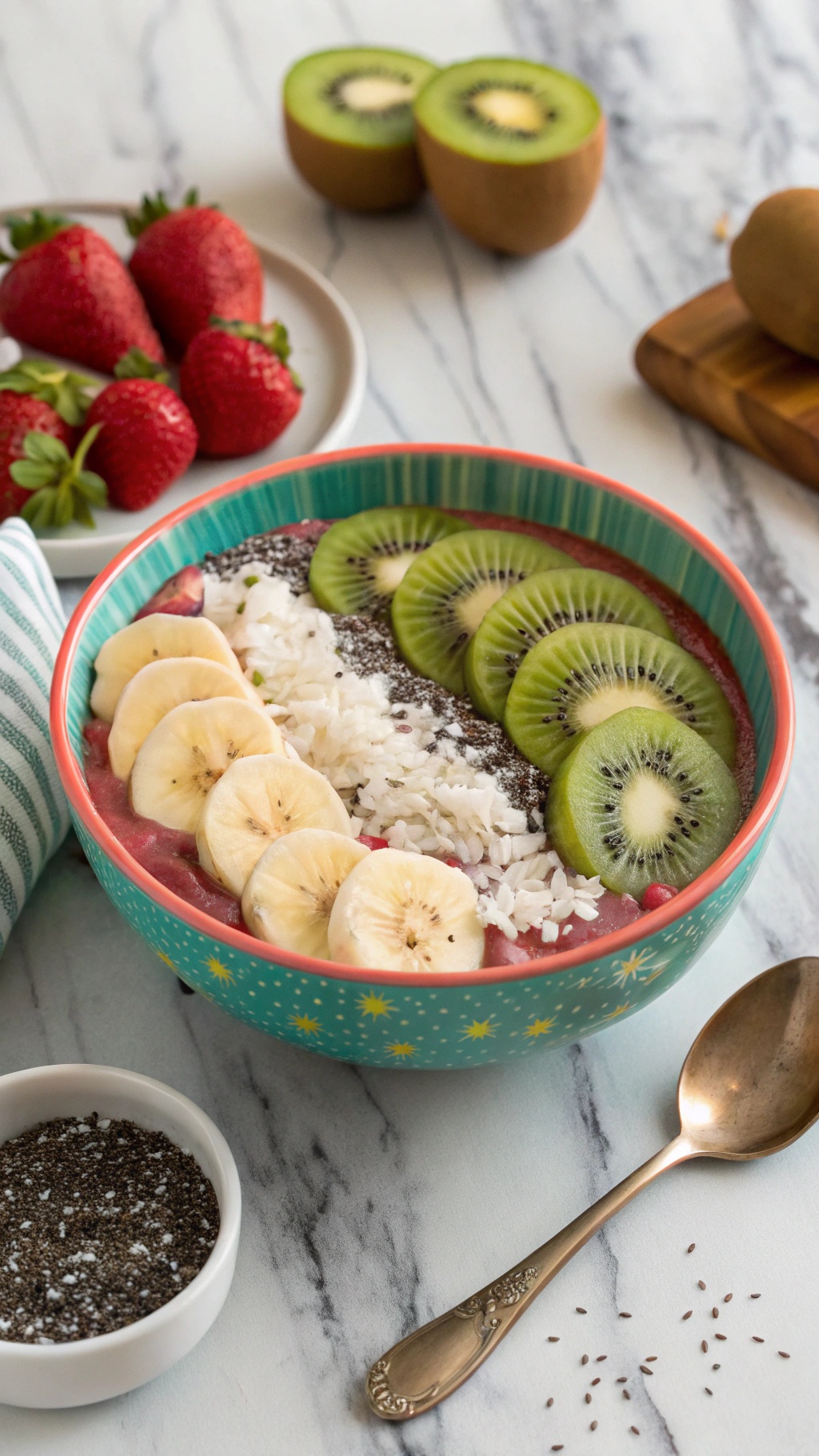 A colorful smoothie bowl topped with banana slices, kiwi, strawberries, chia seeds, and shredded coconut.