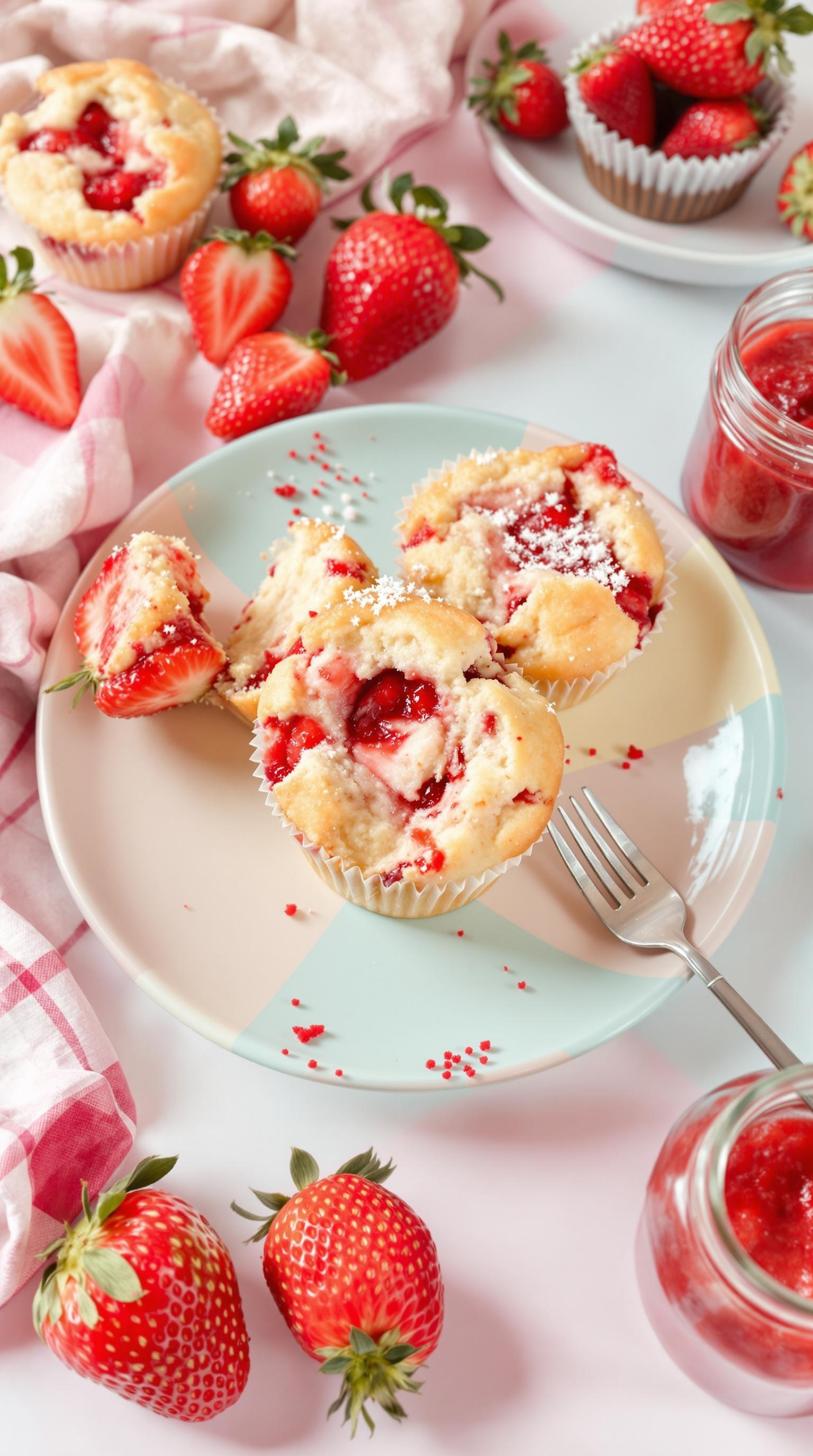 A plate of strawberry muffins with fresh strawberries and a jar of strawberry jam