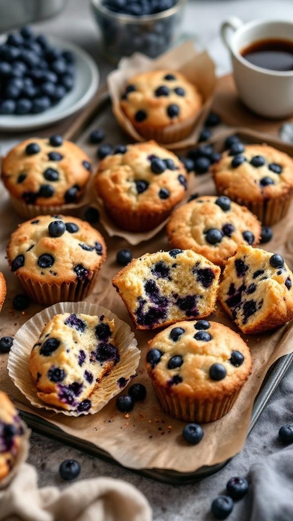 Freshly baked blueberry muffins on a tray