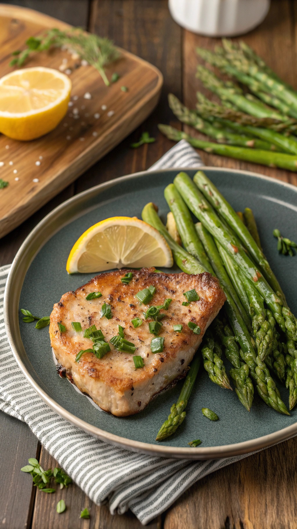 Garlic butter pork chops served with asparagus and lemon slices on a plate.