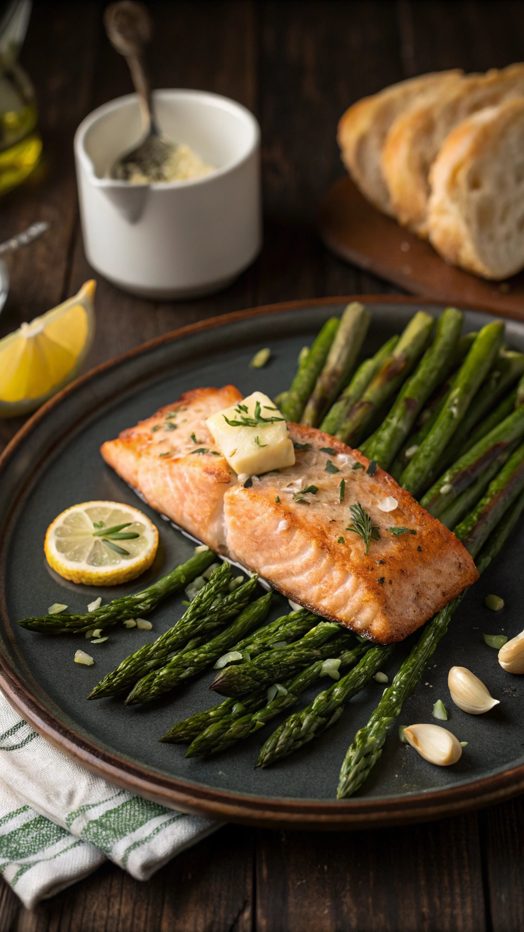 A plate of garlic butter salmon with asparagus, garnished with lemon and herbs.